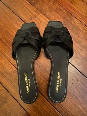 Saint Laurent Black Braided Leather Slide Mules